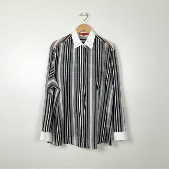 Shamask Striped Sheer Hidden Button Up Top - Picture 10 of 10